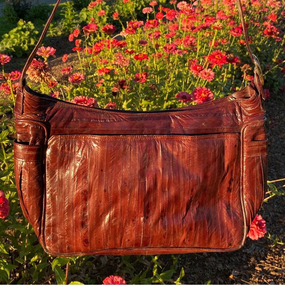 Vintage Genuine Eel Skin Shoulder Purse Unique Brown Maroon